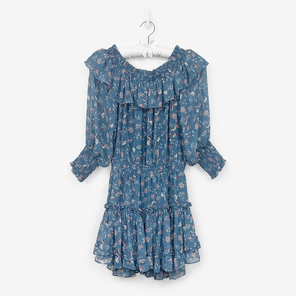 Misa Los Angeles Katryna Ruffle Mini Dress Size S Blue Floral Boho Soft Girl